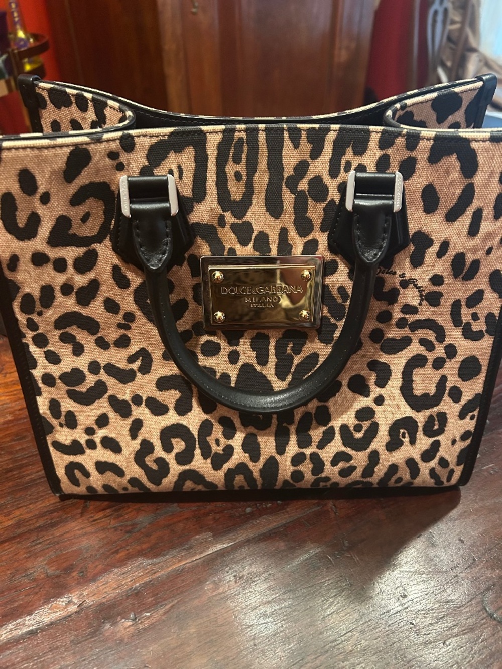 Authentic DOLCE&GABBANA Logo-Plaque Leopard-Print Leather & Canvas Shopper Tote